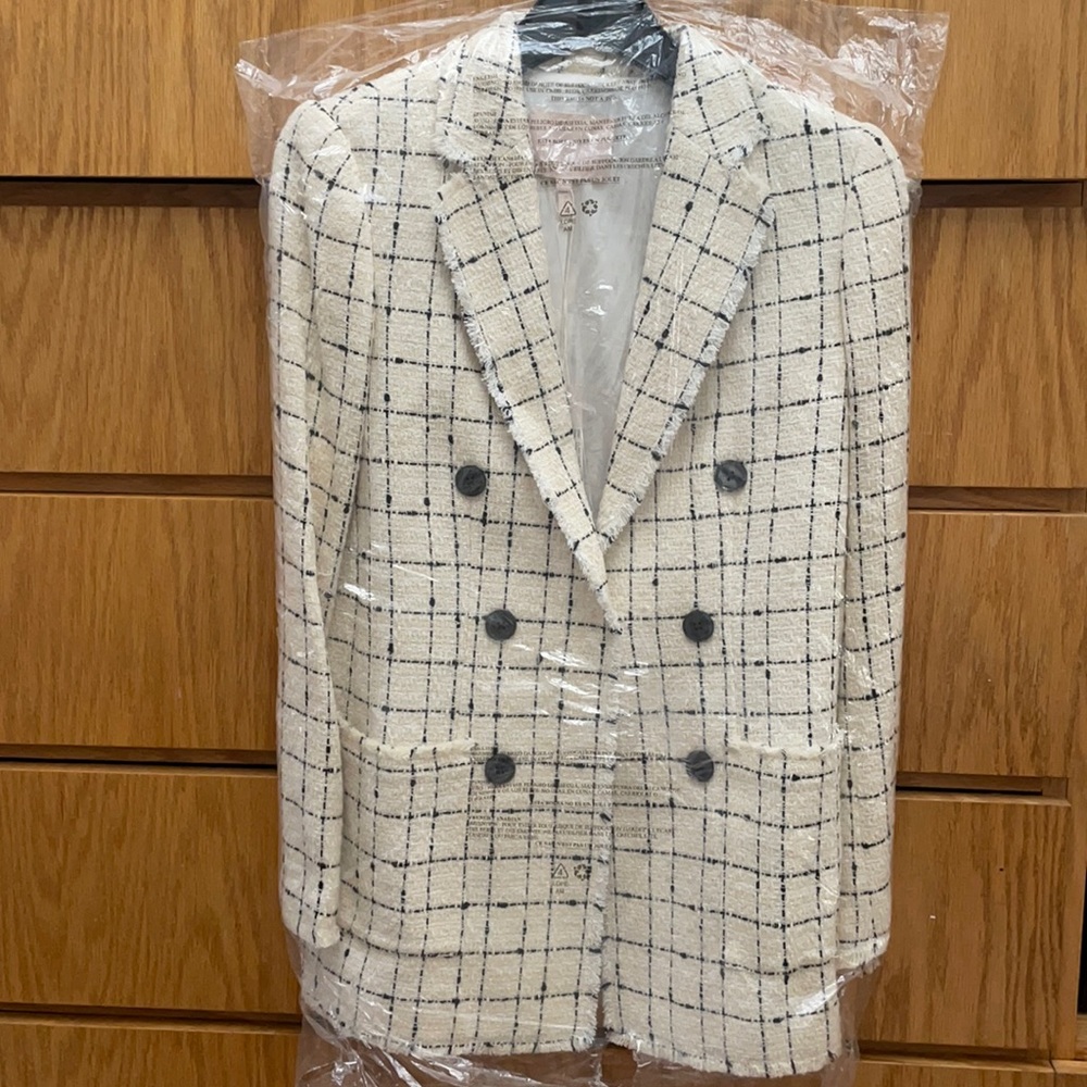 Rebecca Taylor plaid tweed blazer cream combo